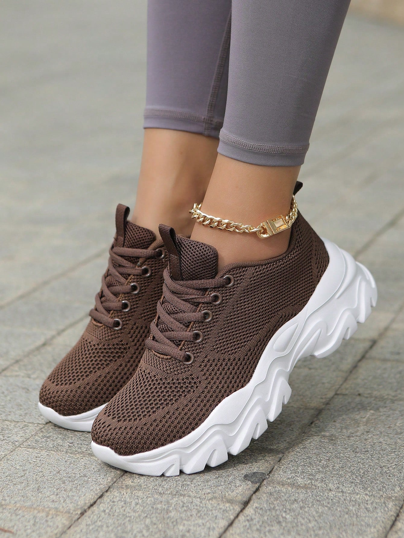 Women Minimalist Knit Detail Lace-Up Front Chunky Breathable Shoes