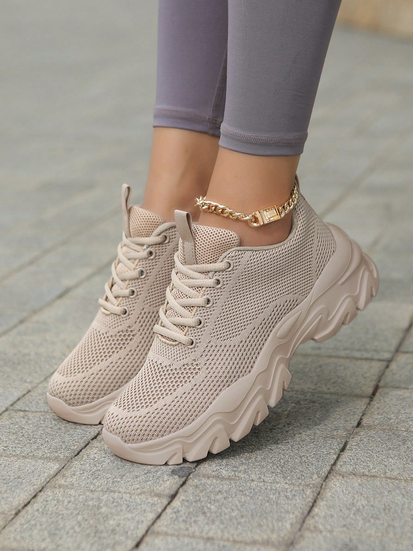 Women Minimalist Knit Detail Lace-Up Front Chunky Breathable Shoes