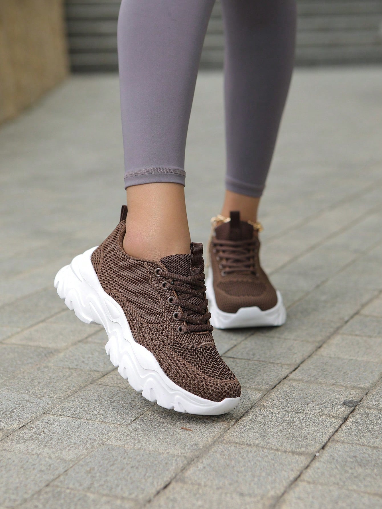 Women Minimalist Knit Detail Lace-Up Front Chunky Breathable Shoes