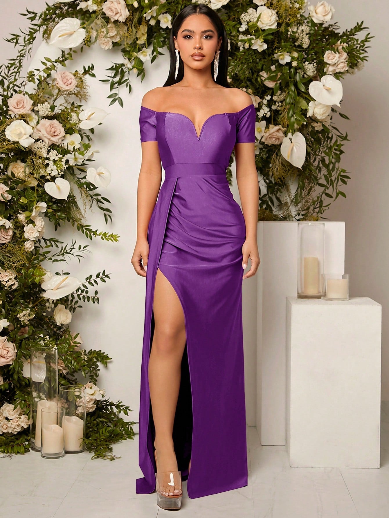 Belle Off Shoulder Ruched Split Thigh Bridesmaid Dress