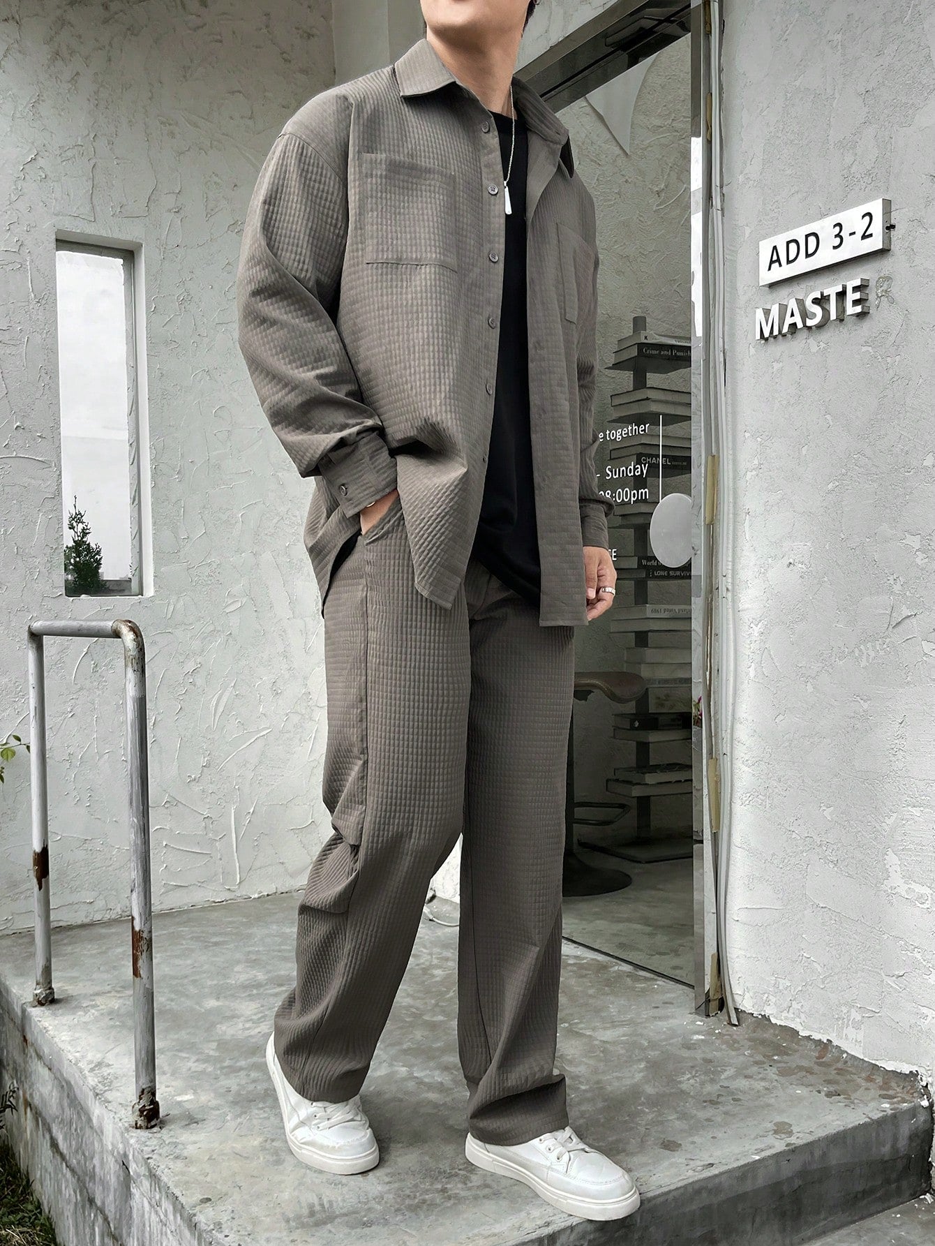 Manfinity Men's Plain Waffle Grid Shirt And Pants Two Piece Suit