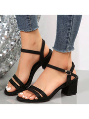 New Women's Summer Chunky Heeled Sandals, Fashionable One-strap Buckle, Black, Mid Heel