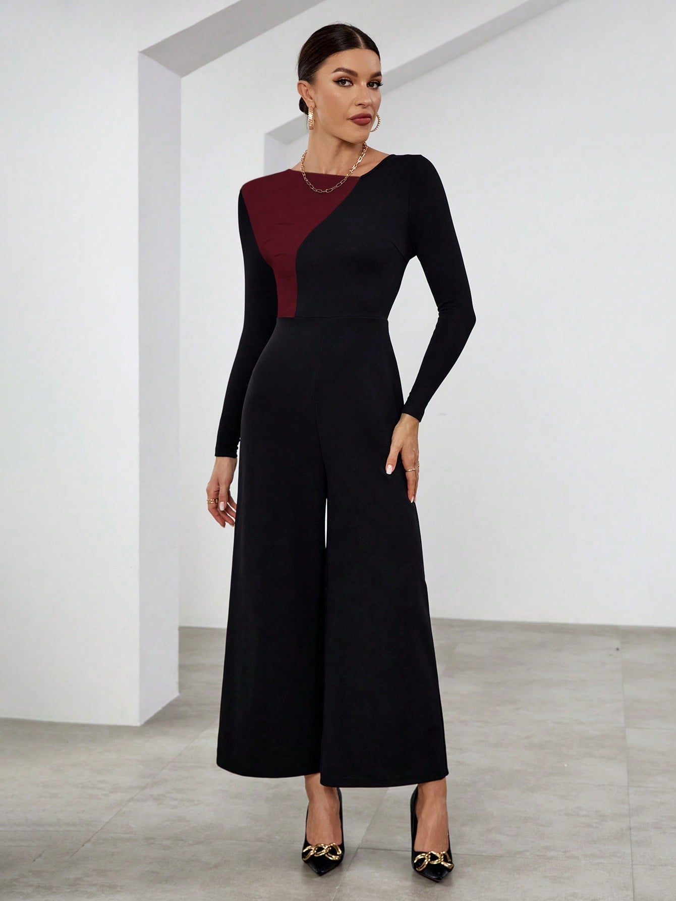 Privé Asymmetric Collar Color Block Long Sleeve Jumpsuit