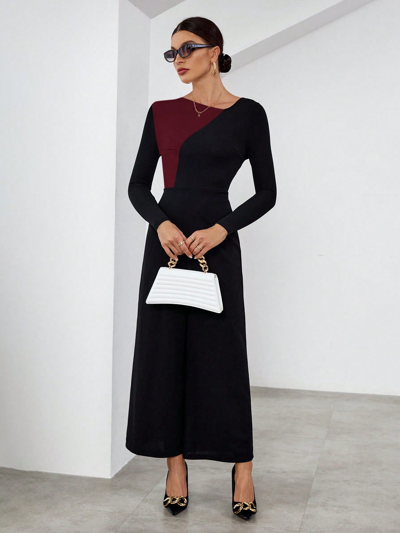 Privé Asymmetric Collar Color Block Long Sleeve Jumpsuit