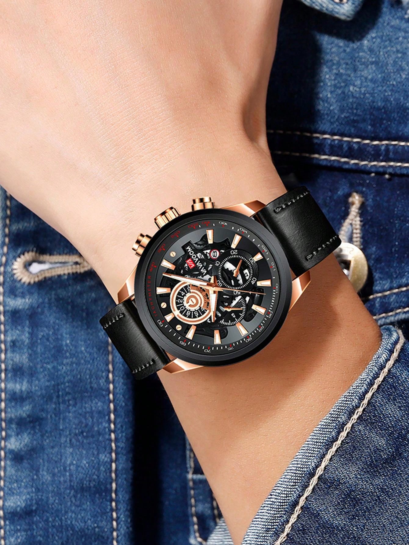 Va Va Voom Men's Calendar Hollowed-out Quartz Watch With Black Leather Strap For Casual Sports Style, Gift Set With Exquisite Black Box