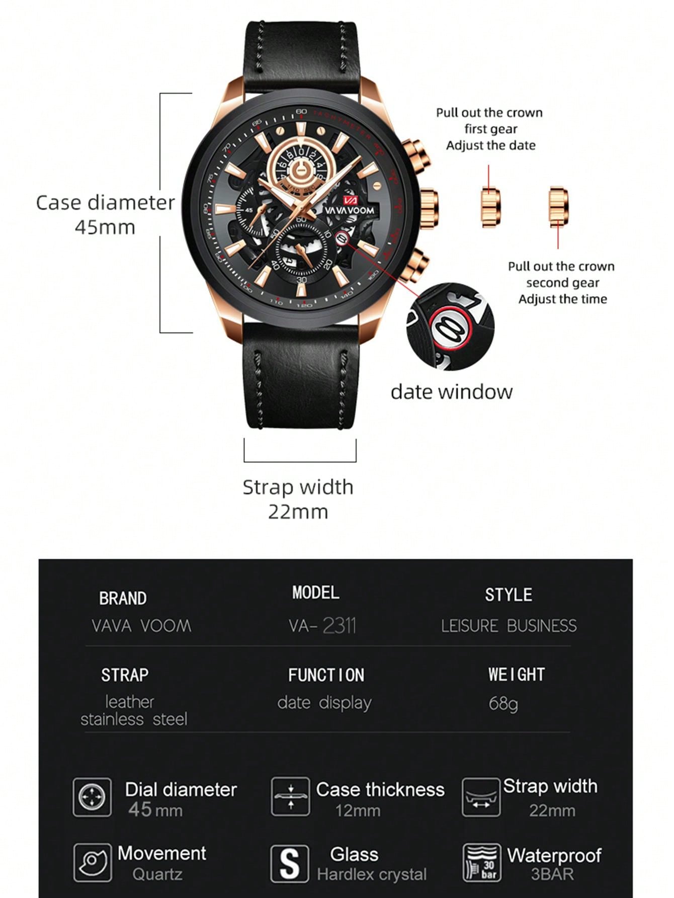 Va Va Voom Men's Calendar Hollowed-out Quartz Watch With Black Leather Strap For Casual Sports Style, Gift Set With Exquisite Black Box