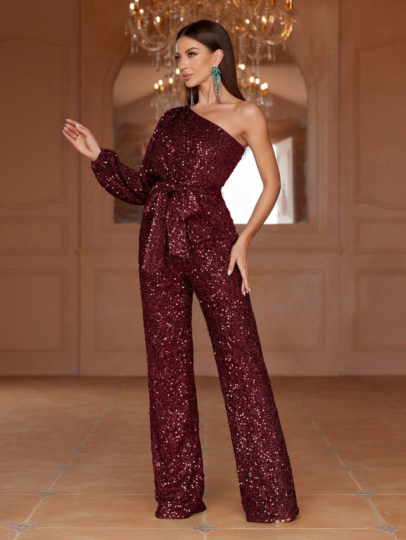 One Shoulder Lantern Sleeve Sequin Belted Jumpsuit