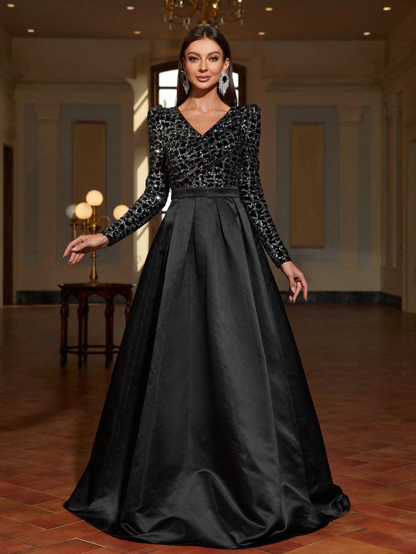 Gigot Sleeve Contrast Sequin Formal Dress