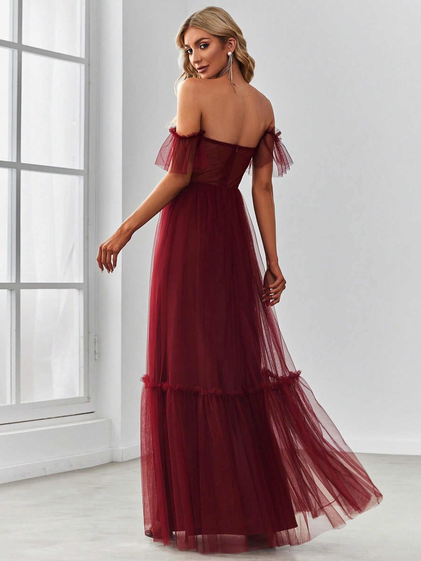 EVER-PRETTY Off Shoulder Frilled Ruffle Hem Mesh Bridesmaid Dress