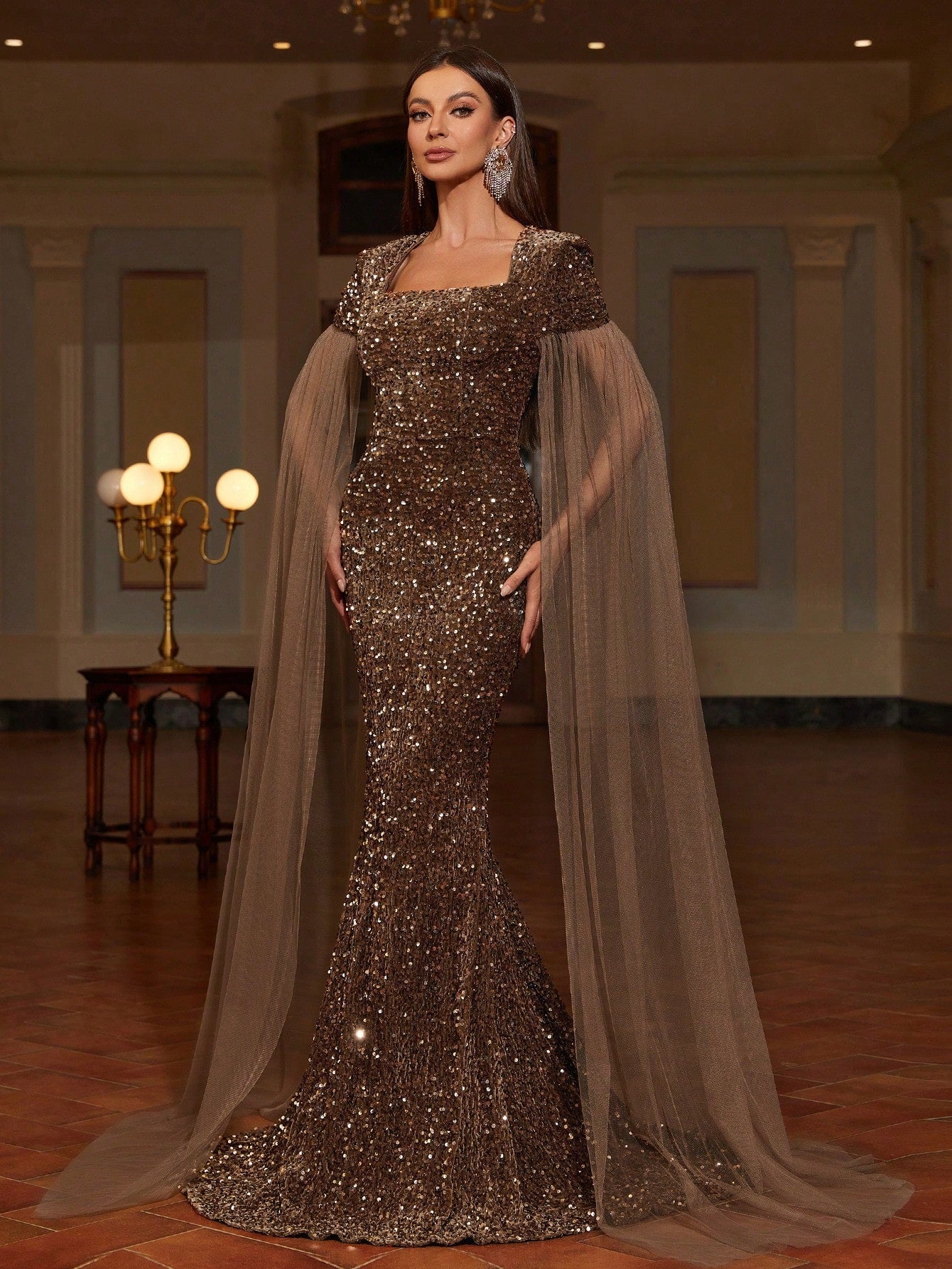 Square Neck Extra-Long Sleeve Sequin Formal Dress