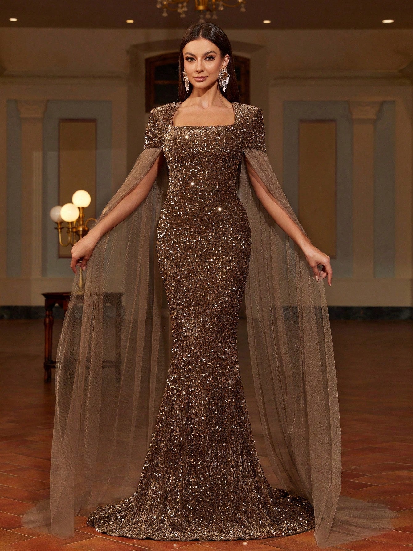 Square Neck Extra-Long Sleeve Sequin Formal Dress