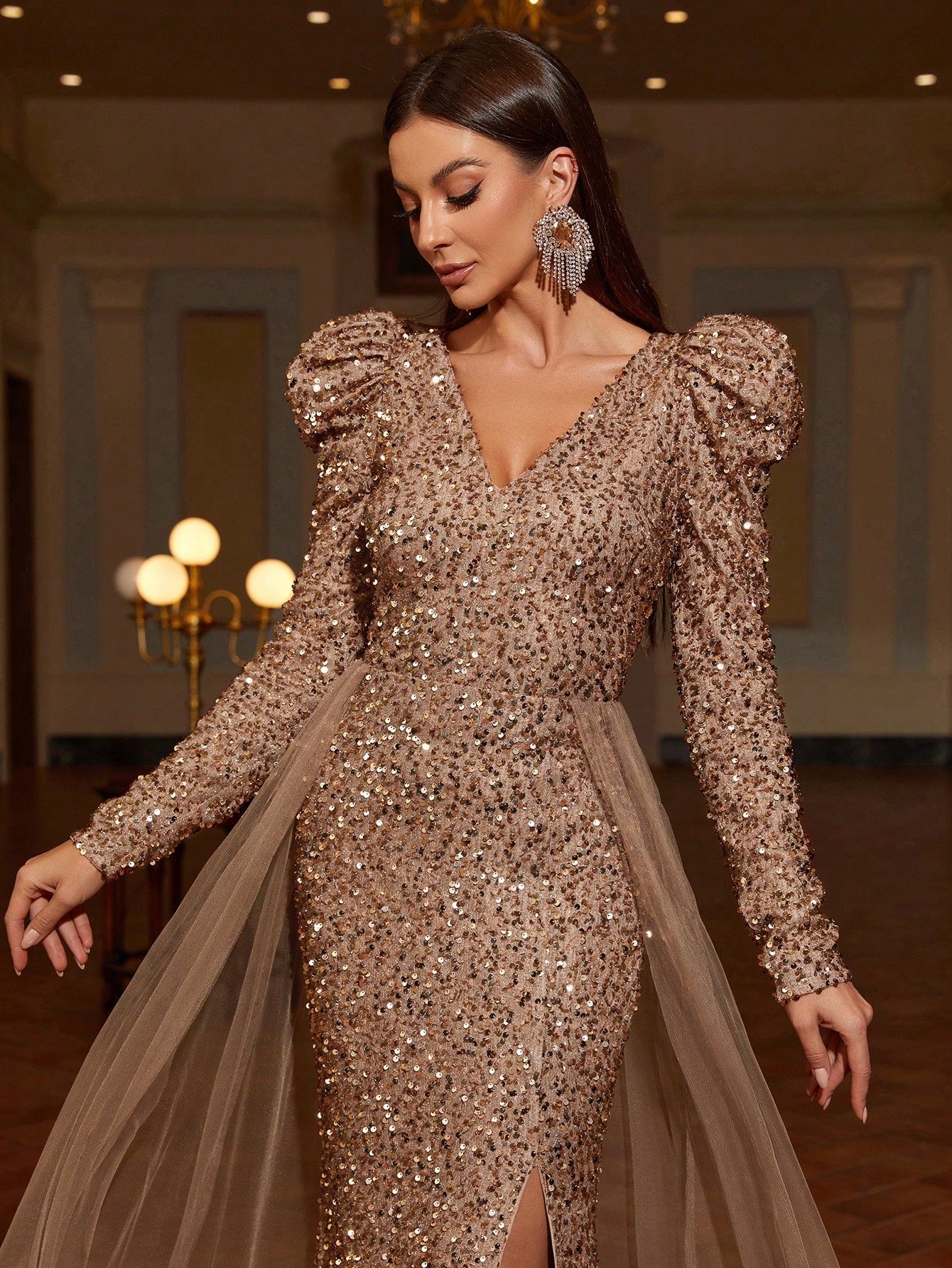 Gigot Sleeve Mesh Overlay Split Thigh Sequin Glittery Dress