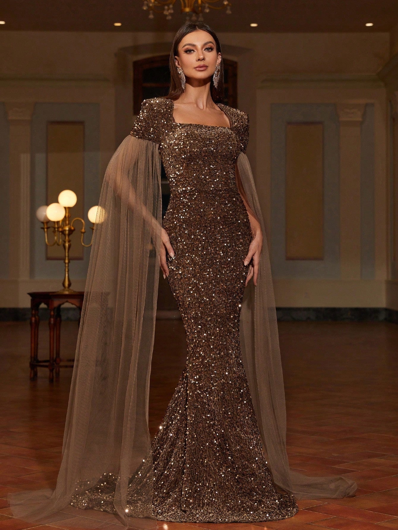 Square Neck Extra-Long Sleeve Sequin Formal Dress