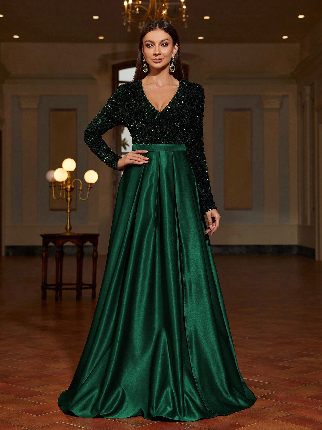 Plunging Neck Contrast Sequin Satin Glittery Dress