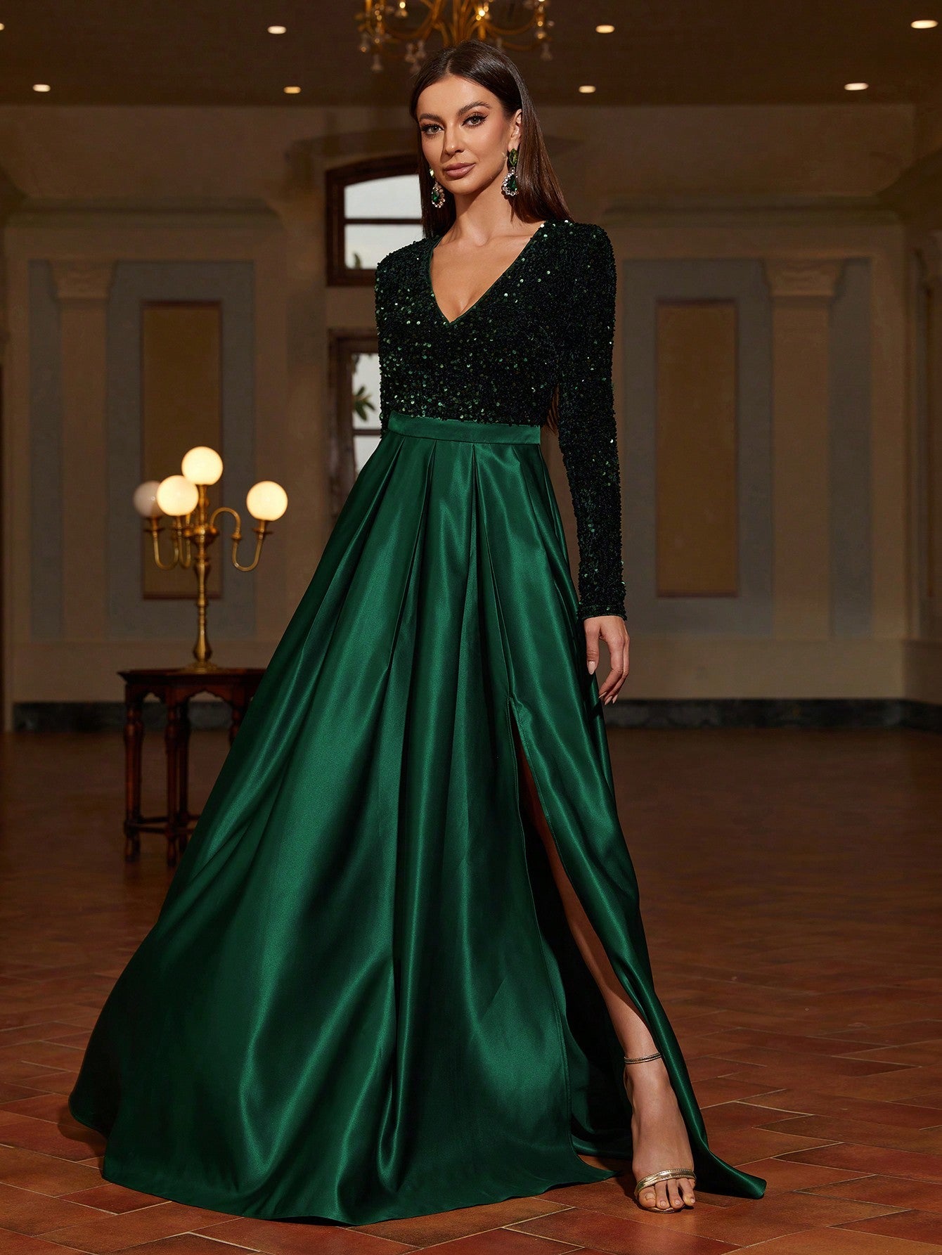 Plunging Neck Contrast Sequin Satin Glittery Dress