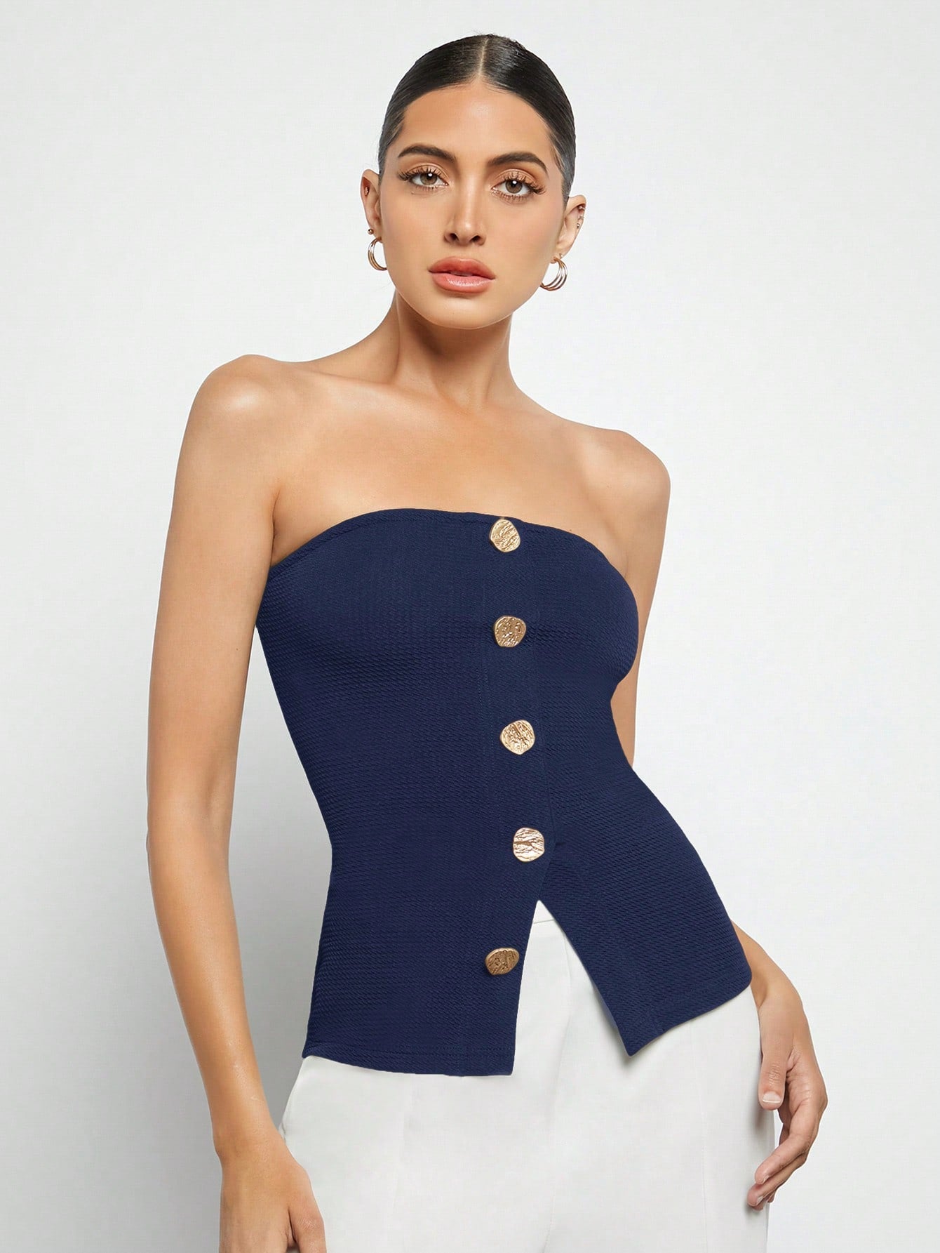 BIZwear Button Front Split Hem Tube Top