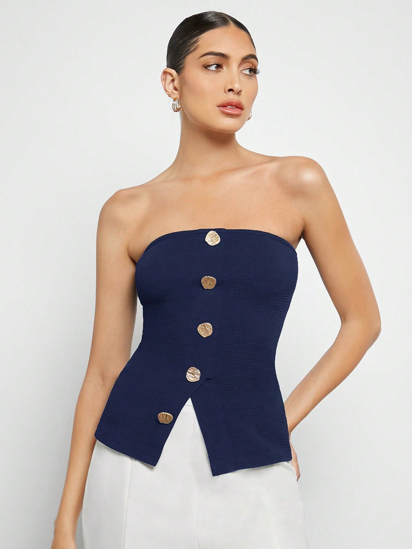 BIZwear Button Front Split Hem Tube Top