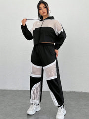 Coolane Plus Size Women's Hoodie & Long Pants Set With Contrast Mesh Splicing Design