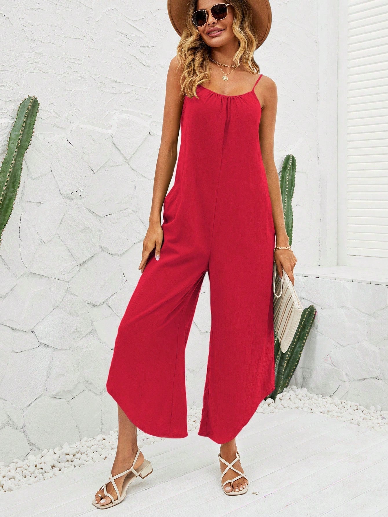 VCAY Striped Print Asymmetrical Hem Cami Jumpsuit