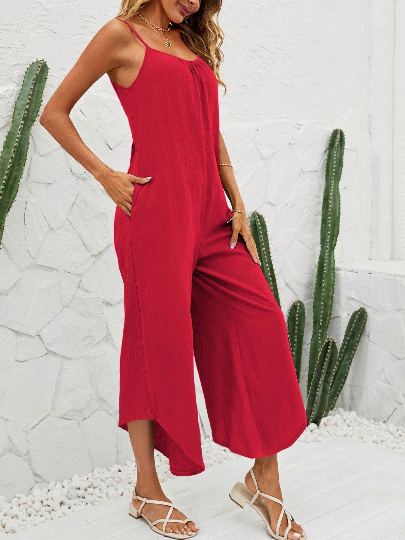 VCAY Striped Print Asymmetrical Hem Cami Jumpsuit