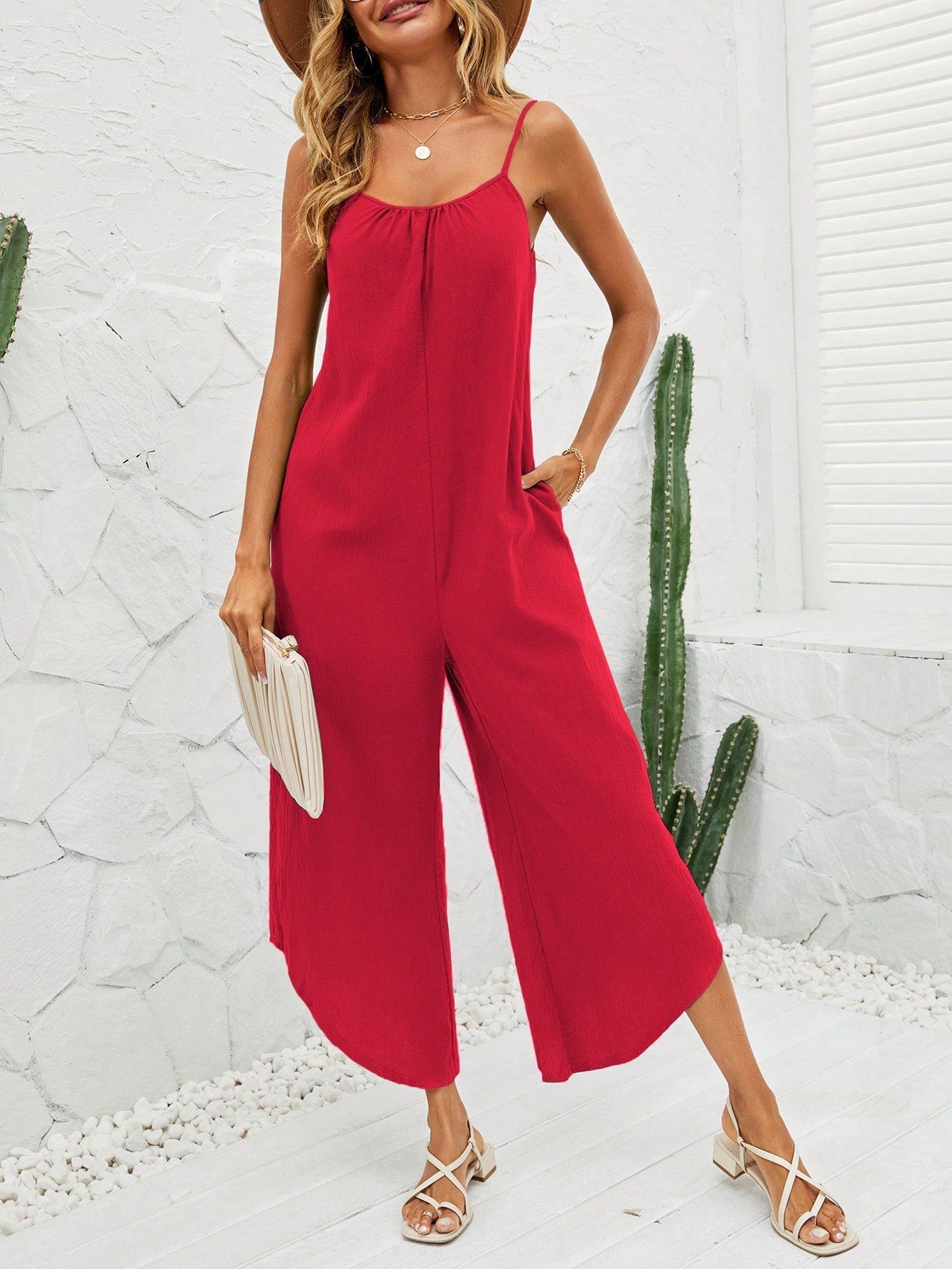 VCAY Striped Print Asymmetrical Hem Cami Jumpsuit