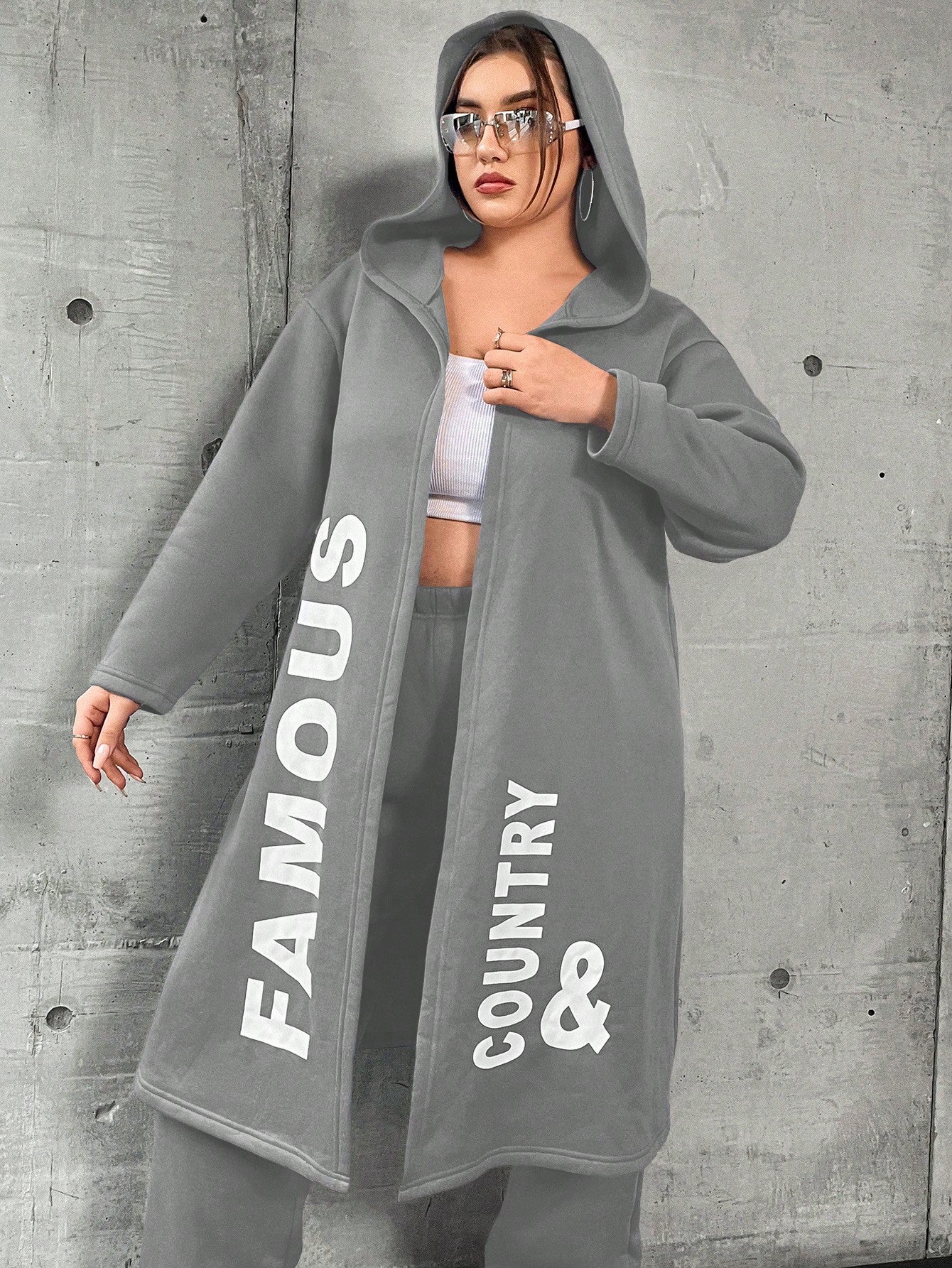 Coolane Plus Size Women's Letter Printed Hooded Fleece Jacket And Pants Set