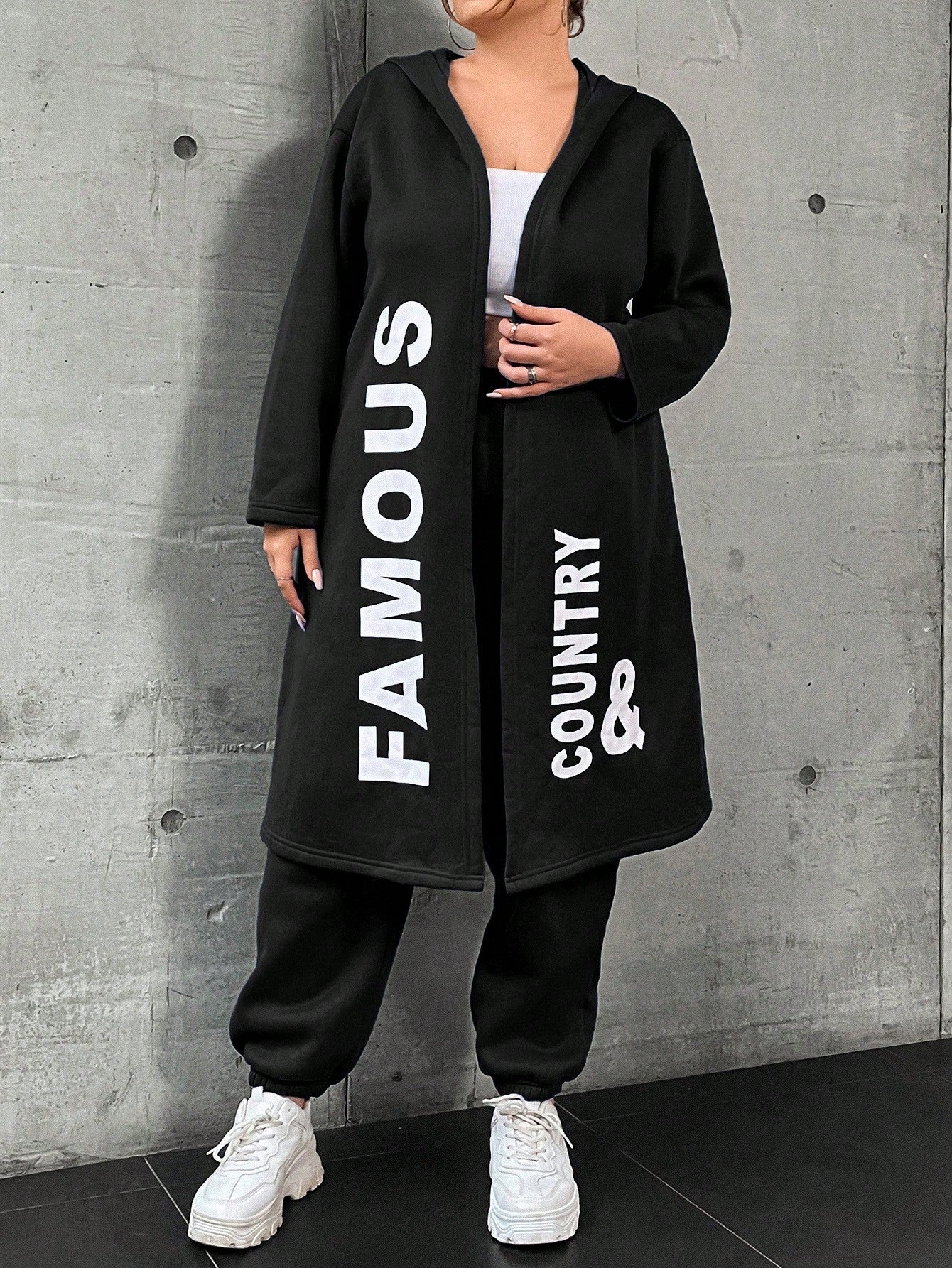 Coolane Plus Size Women's Letter Printed Hooded Fleece Jacket And Pants Set