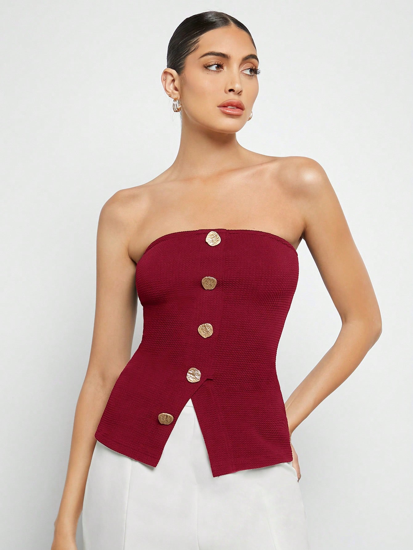 BIZwear Button Front Split Hem Tube Top