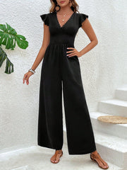 VCAY Solid Color Flutter Sleeve Jumpsuit For Women