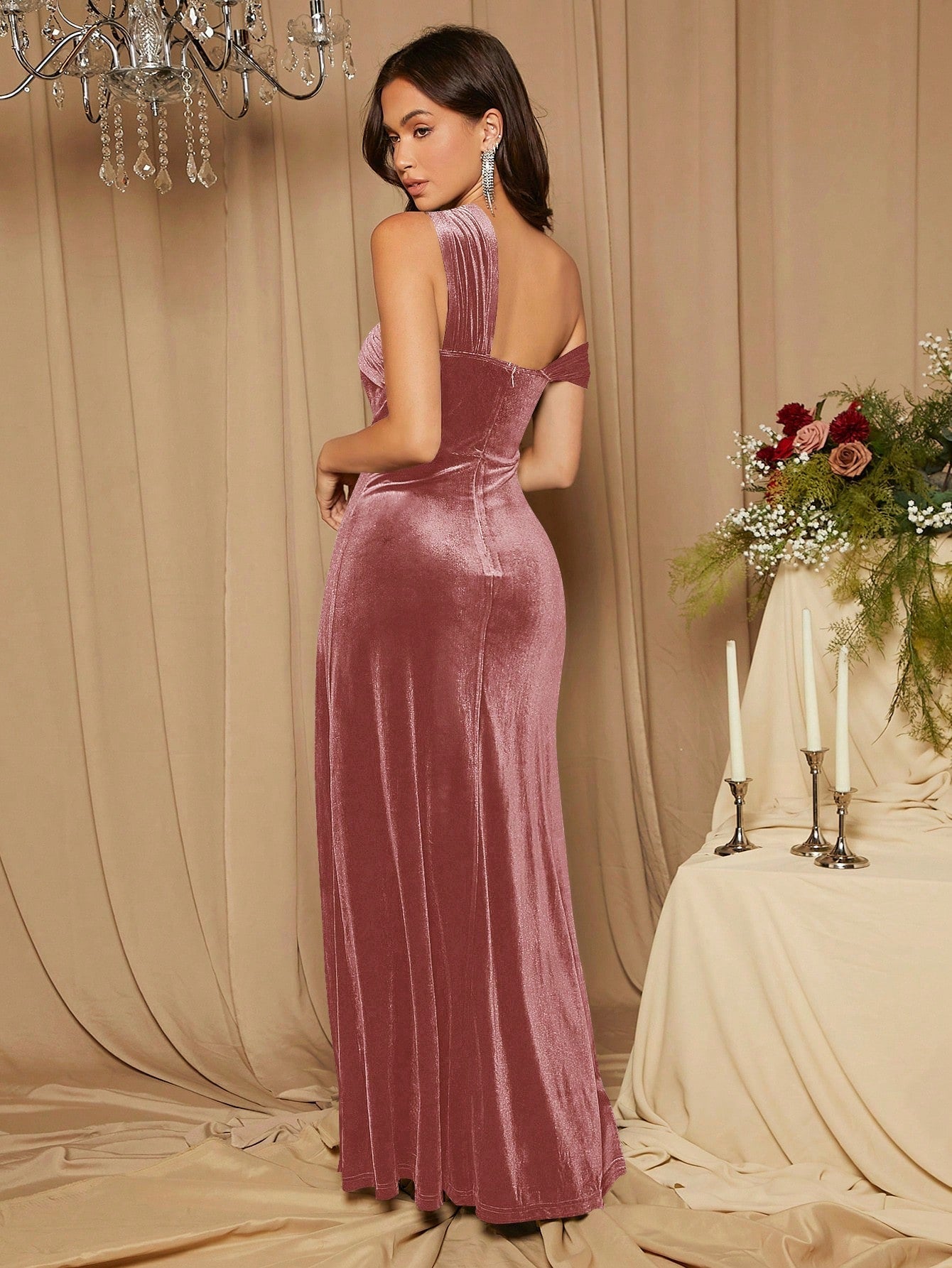 Belle Asymmetric Neckline High Slit Velvet Bridesmaid Formal Dress