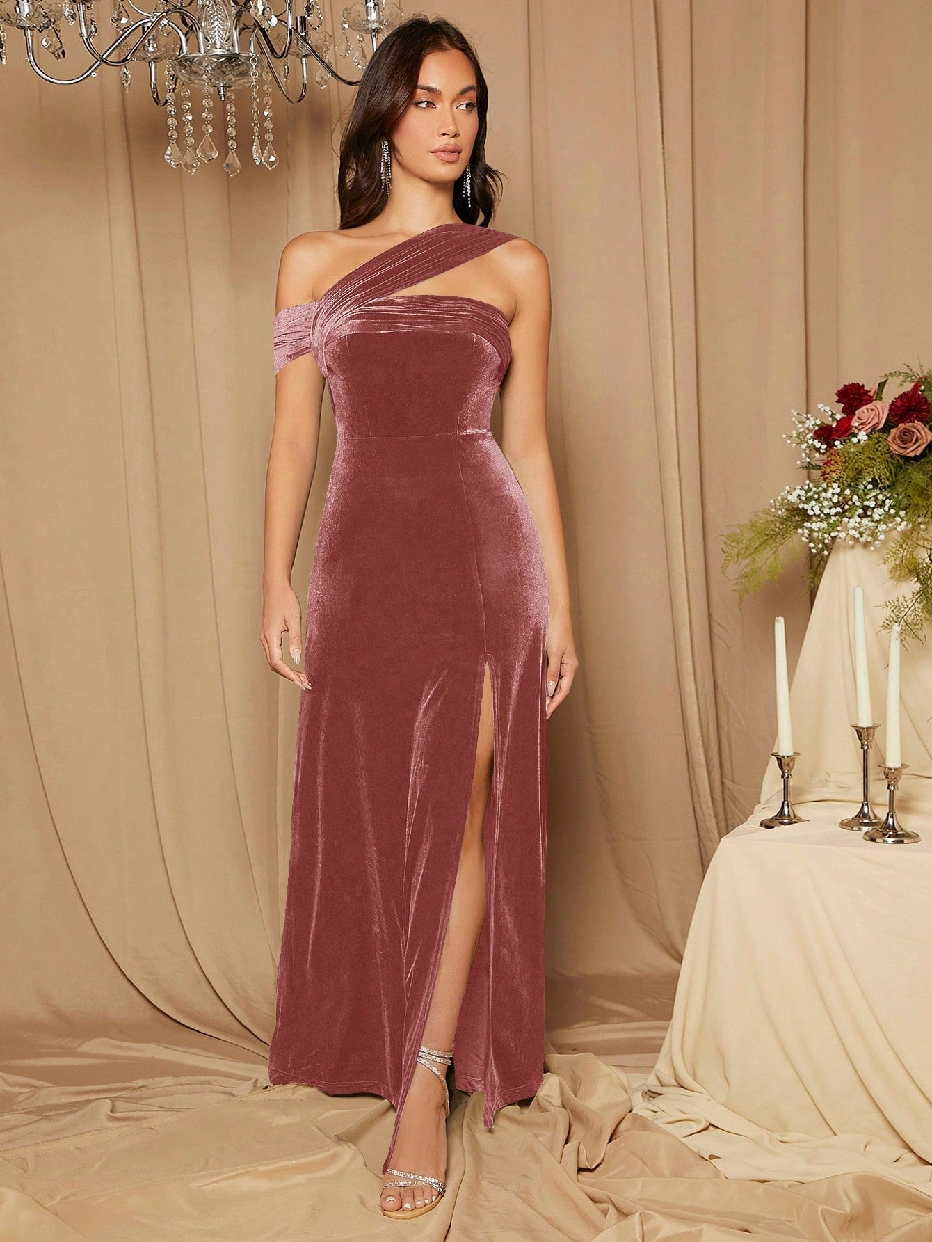 Belle Asymmetric Neckline High Slit Velvet Bridesmaid Formal Dress