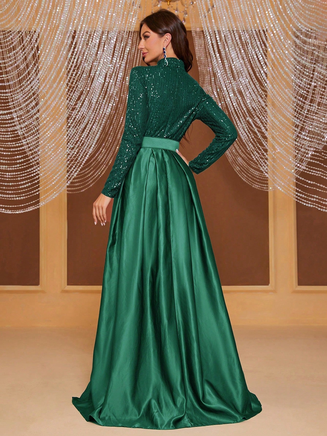 Giffniseti Long Sleeve High Neck Sequin Panel & Pleated Evening Dress (With Belt)