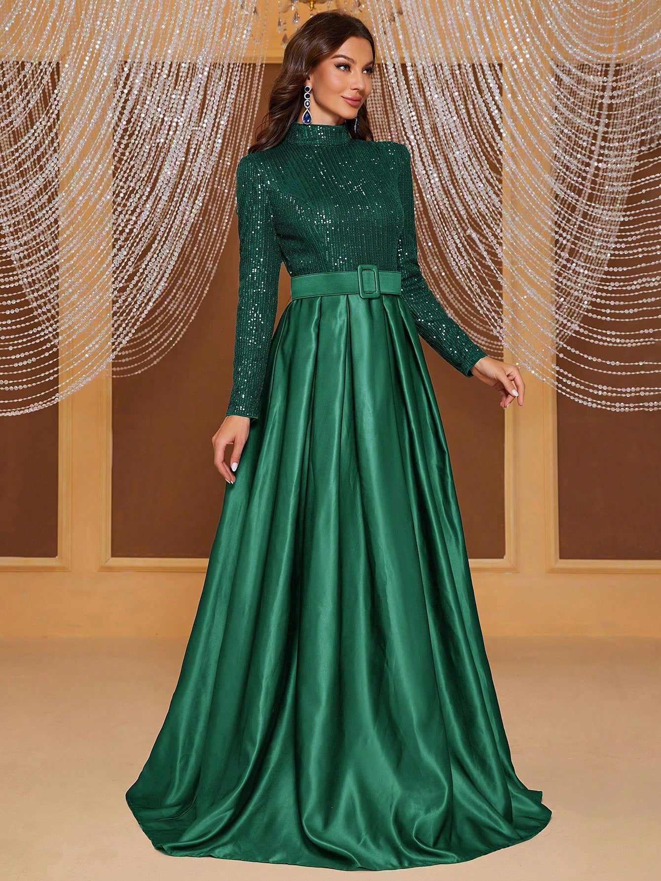 Giffniseti Long Sleeve High Neck Sequin Panel & Pleated Evening Dress (With Belt)