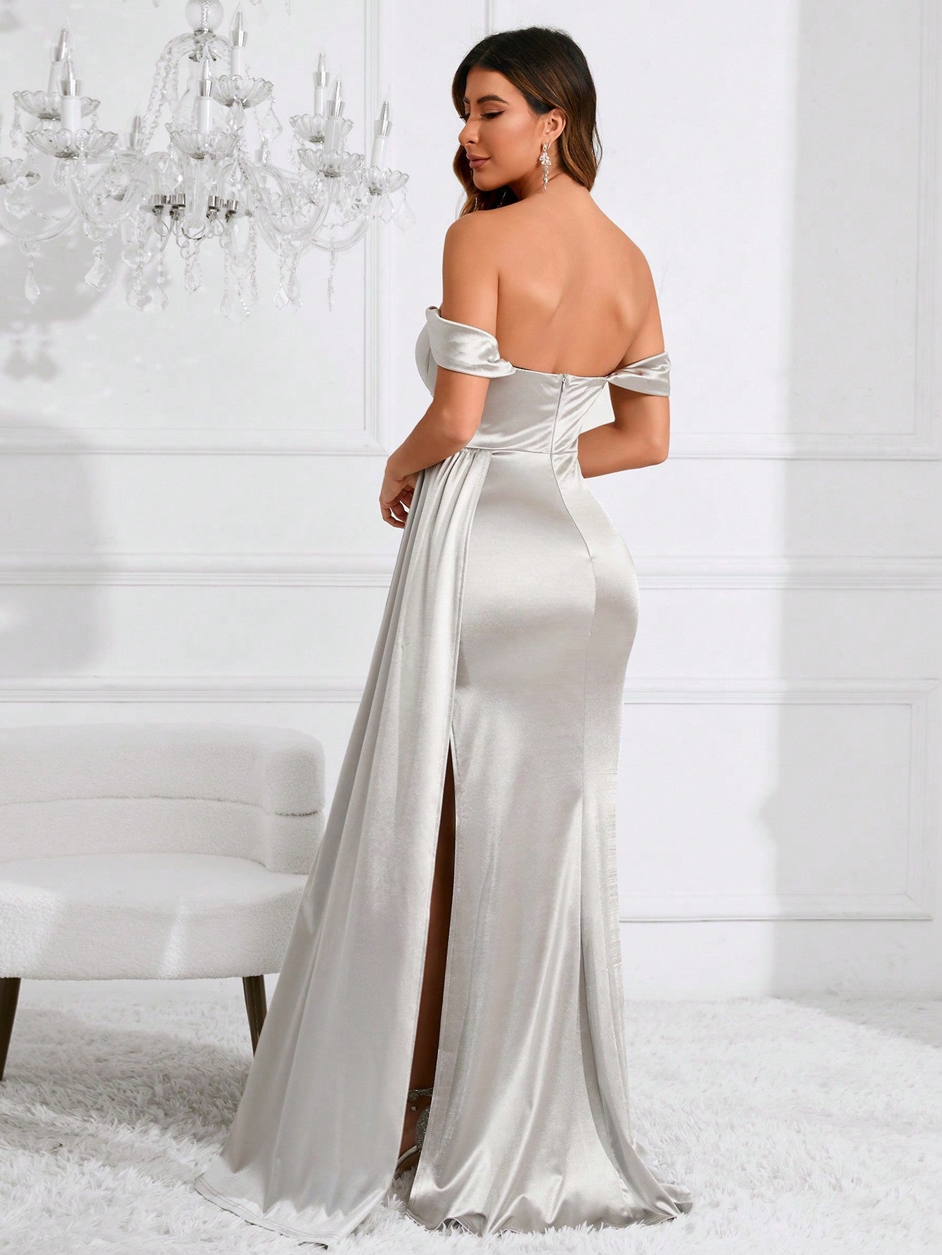 Off Shoulder Slit Thigh Draped Side Bustier Satin Bridesmaid Dress