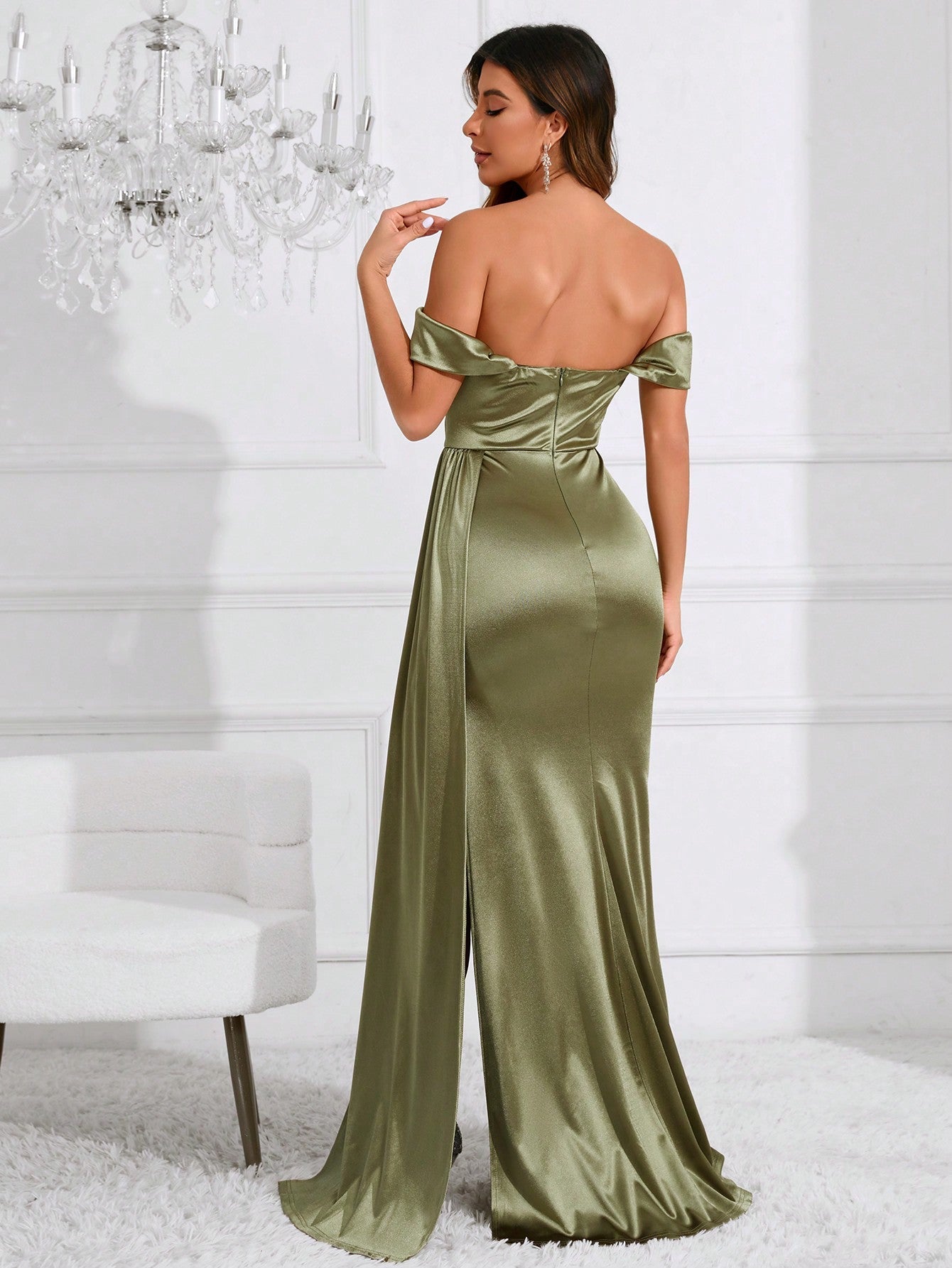 Off Shoulder Slit Thigh Draped Side Bustier Satin Bridesmaid Dress