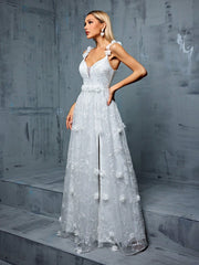 3d Floral Decor Backless Spaghetti Strap Wedding Dress