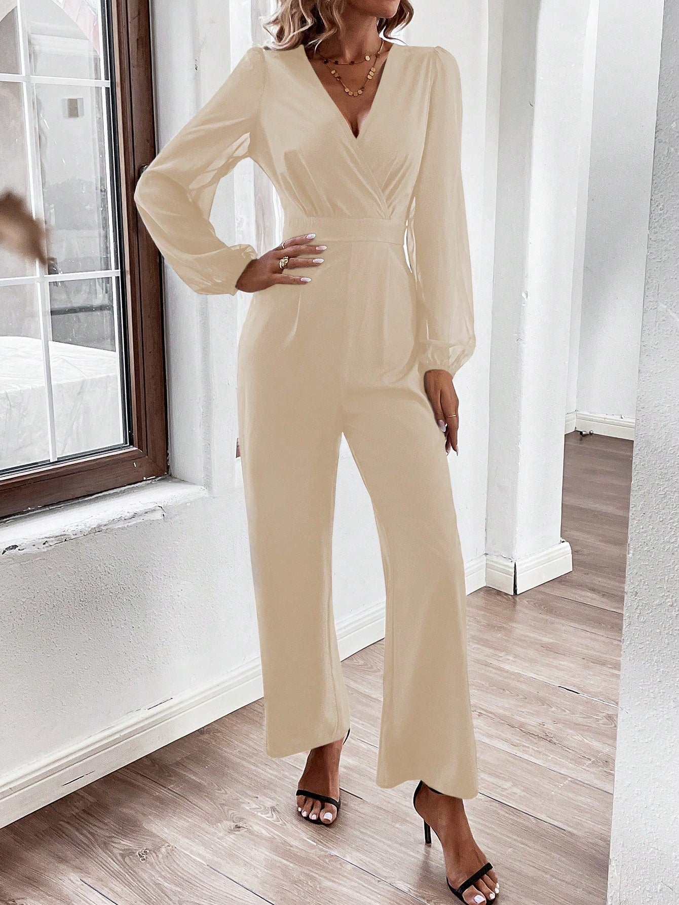 Frenchy Mesh Patchwork V-neck Lantern Sleeve Jumpsuit