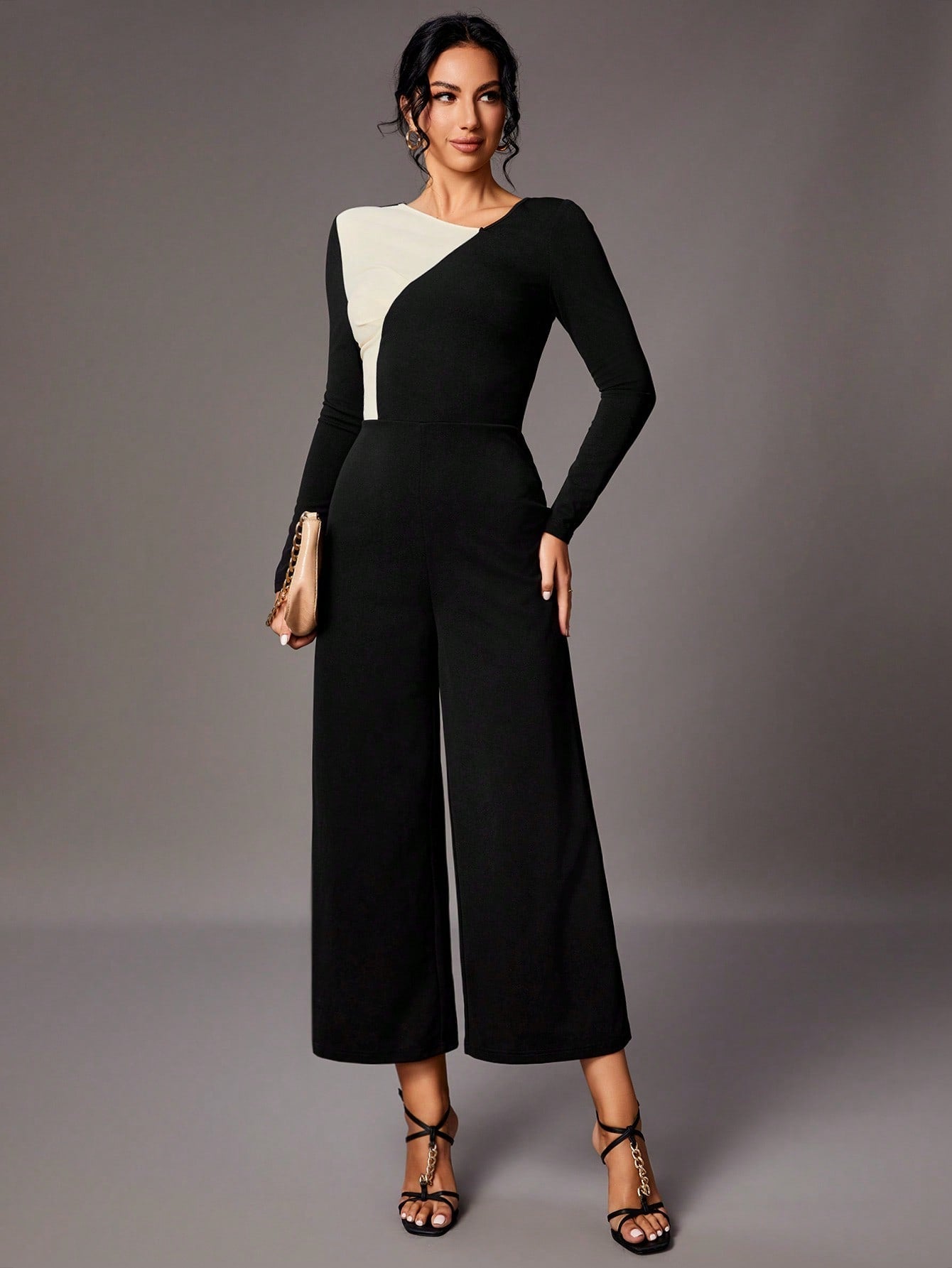 Tall Women'S Color Block Asymmetric Collar Jumpsuit