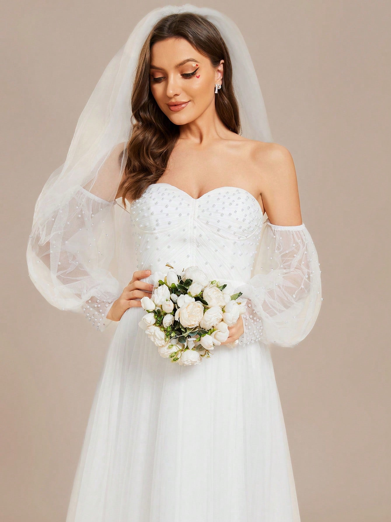 EVER-PRETTY Off Shoulder Pearl Puff Sleeves Sexy Elegant Wedding Dress