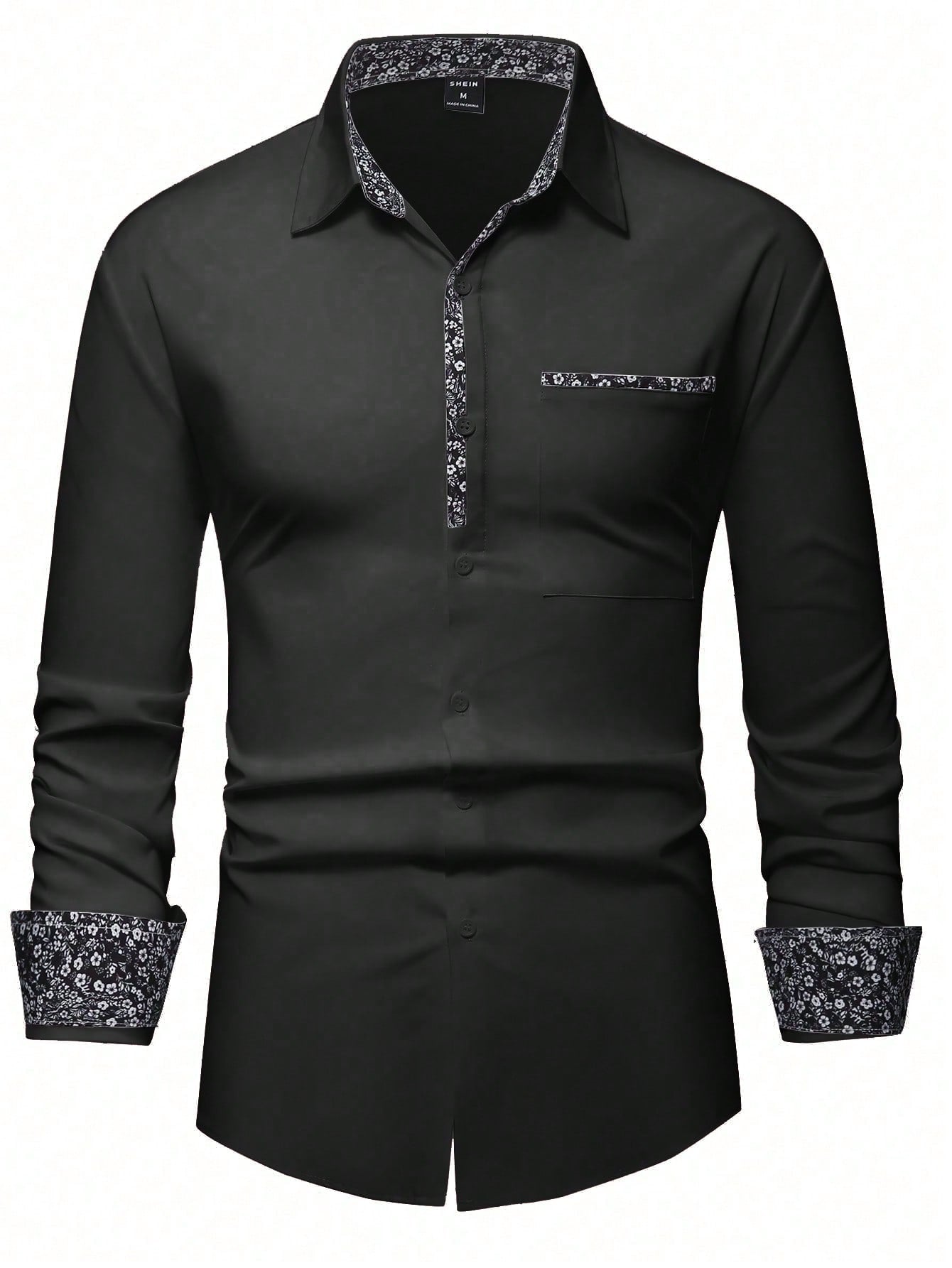 Manfinity Mode Men'S Floral Print Splice Long Sleeve Shirt