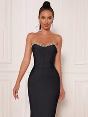 Modphy Black Sexy Strapless Slit Party Bandage Dress With Rhinestones, Formal Evening Cocktail Dress