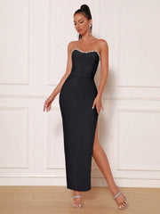 Modphy Black Sexy Strapless Slit Party Bandage Dress With Rhinestones, Formal Evening Cocktail Dress