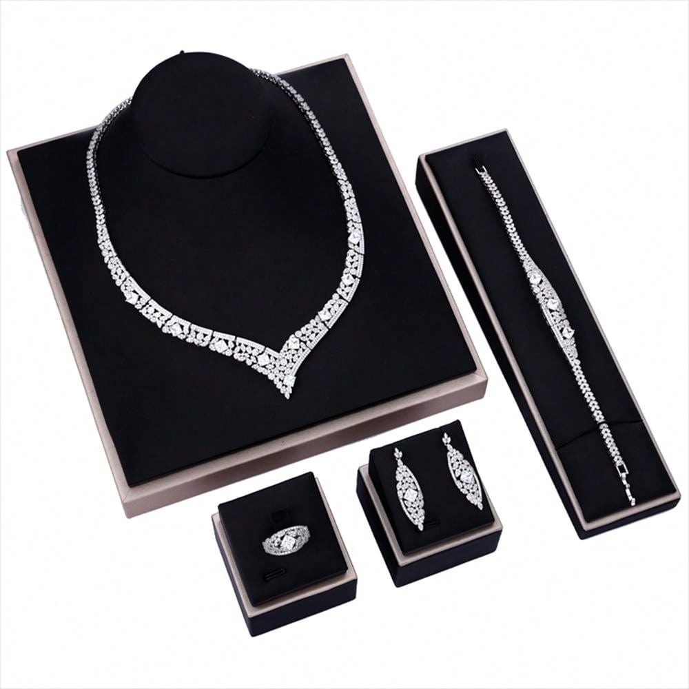 Luxury Zirconia Jewelry Water Drop 4pcs Bridal Nigerian Necklace Earring Wedding Jewelry Set For Women Bridal