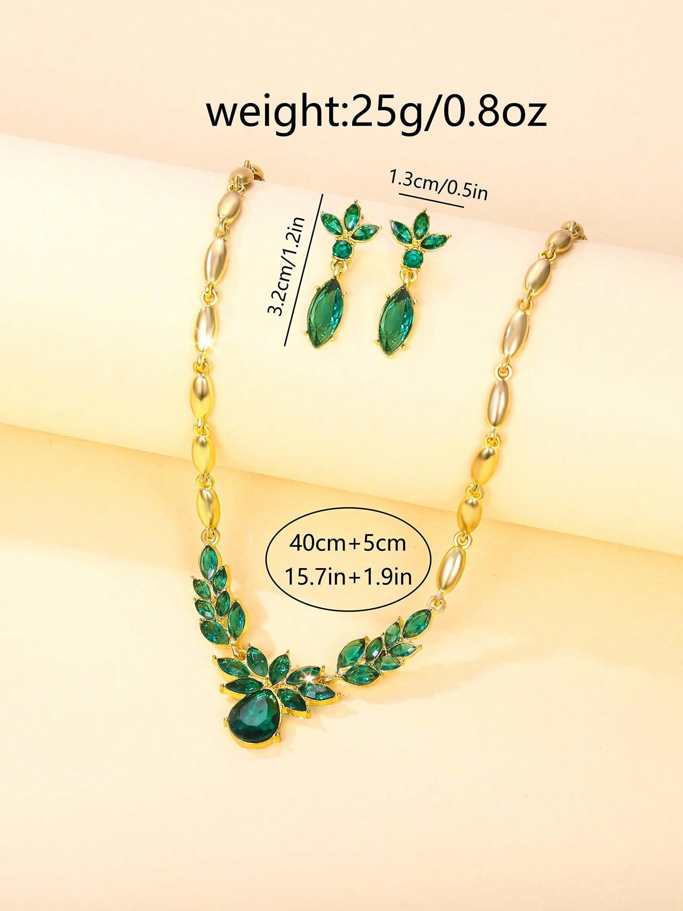 1pc Women'S Green Feather Tassel Watch With Diamond Studded Dial And 1pc Feather Tassel Pendant Necklace