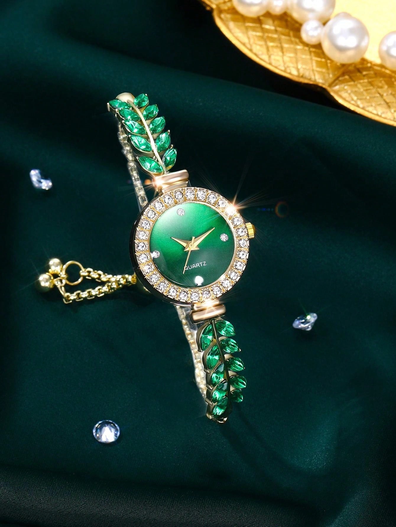 1pc Women'S Green Feather Tassel Watch With Diamond Studded Dial And 1pc Feather Tassel Pendant Necklace