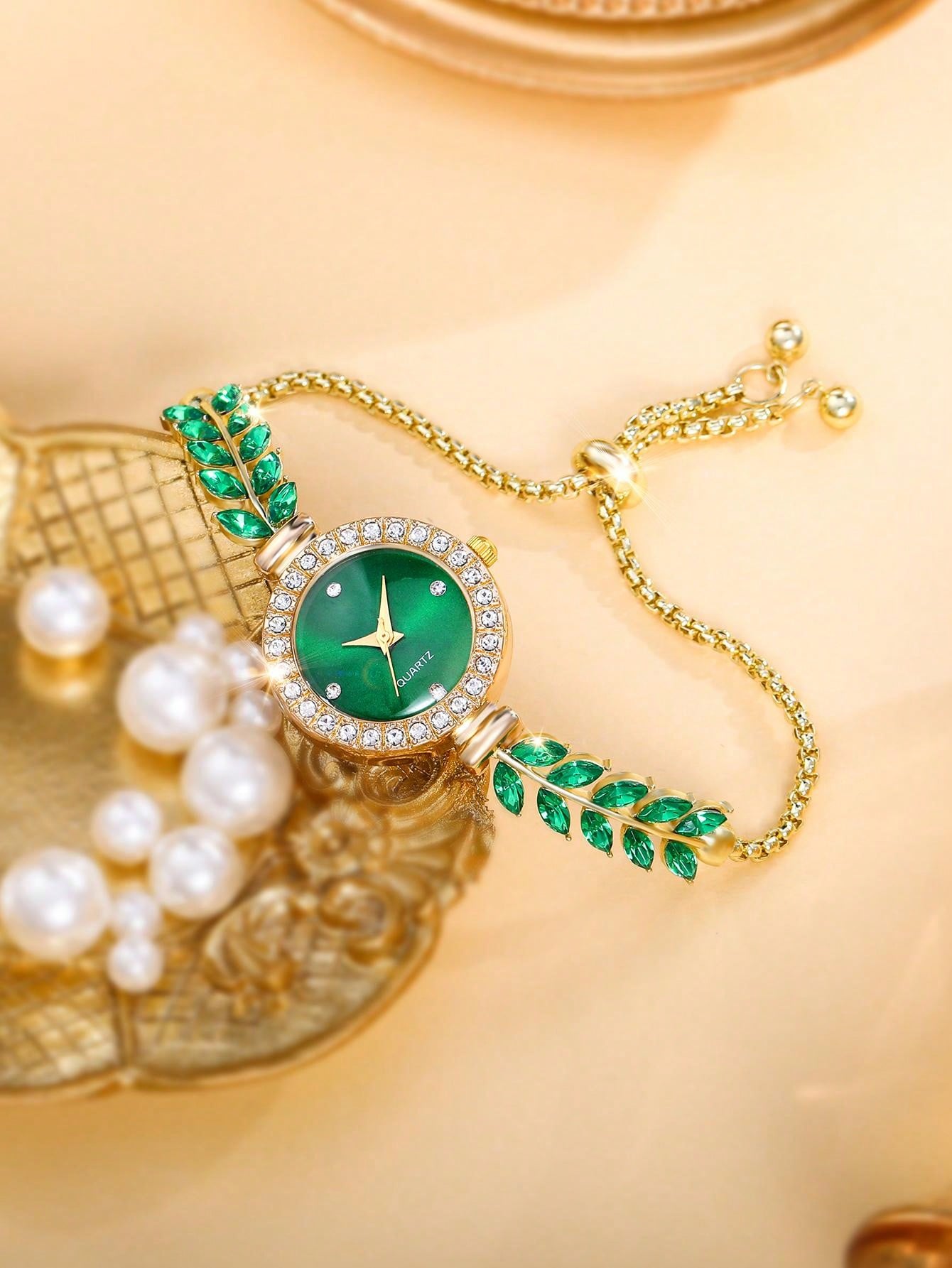 1pc Women'S Green Feather Tassel Watch With Diamond Studded Dial And 1pc Feather Tassel Pendant Necklace