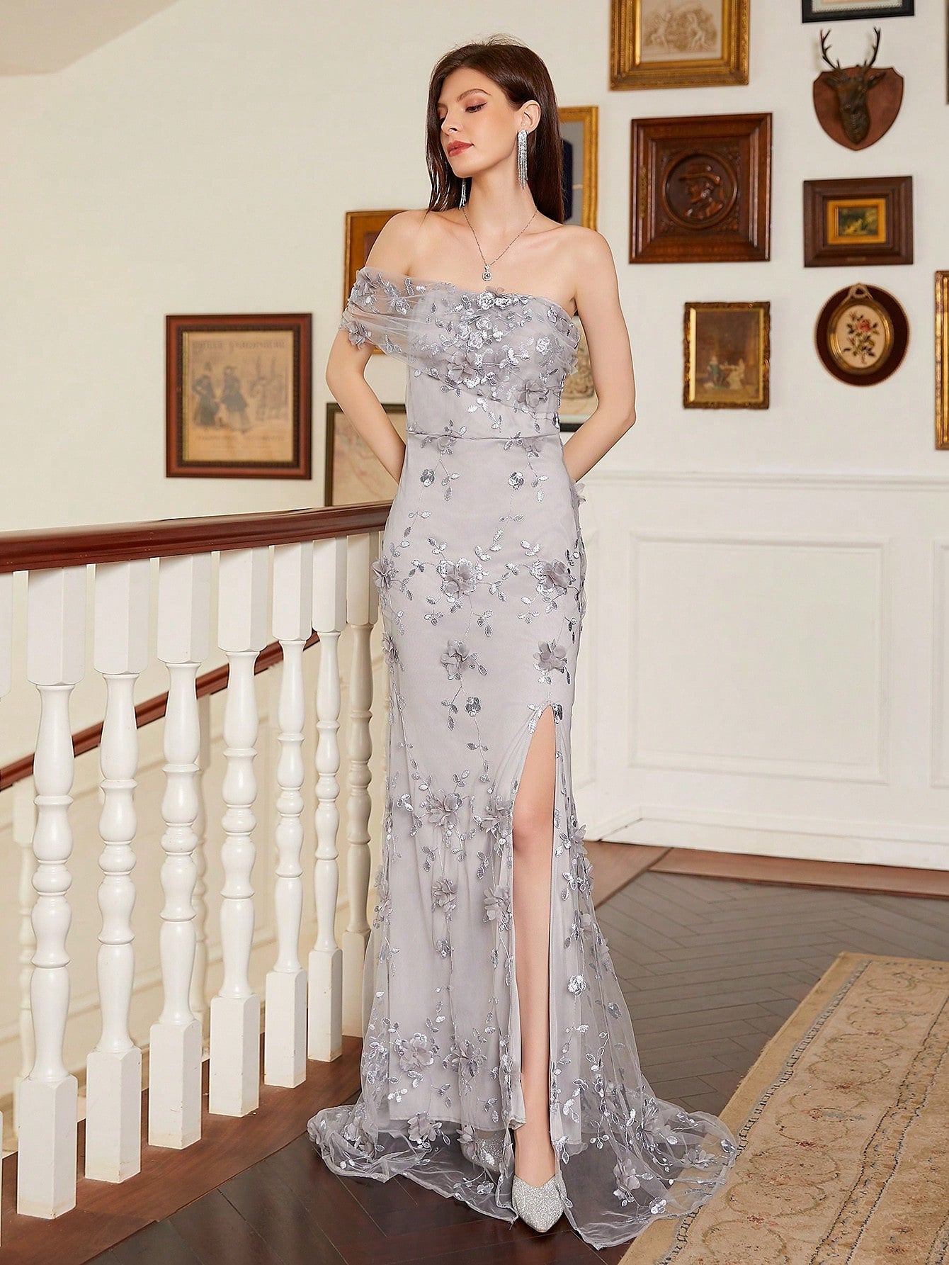 Net Yarn Embroidered Off Shoulder Slit Evening Party Dress With Applique Decoration