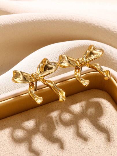 1pair Stainless Steel Gold Color Ribbon Bow Stud Earrings Suitable For Women As Daily Wear And Gift