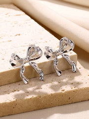 1pair Stainless Steel Gold Color Ribbon Bow Stud Earrings Suitable For Women As Daily Wear And Gift