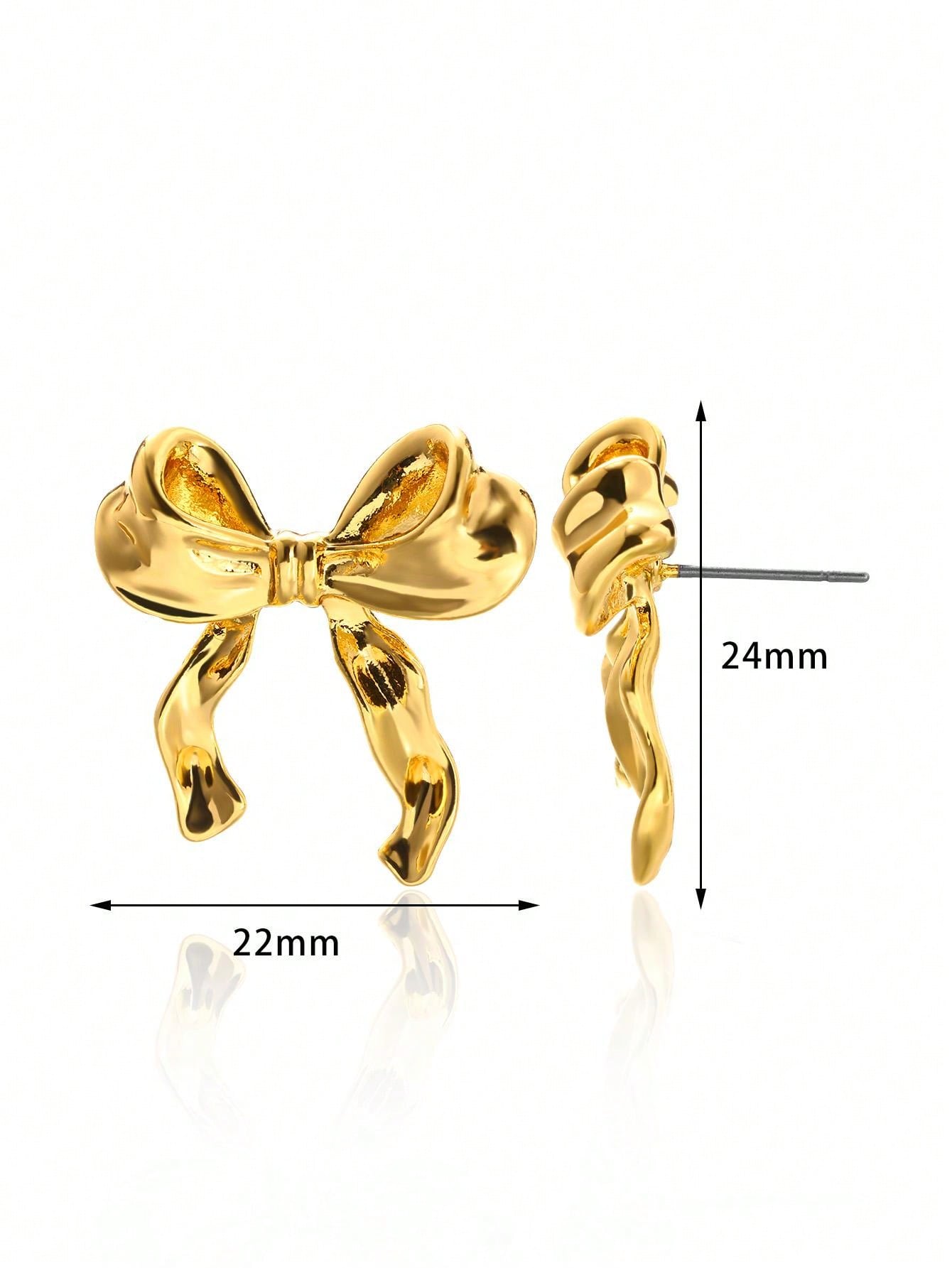 1pair Stainless Steel Gold Color Ribbon Bow Stud Earrings Suitable For Women As Daily Wear And Gift